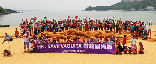 A large group of people on the beach in Hong Kong holding a banner that reads: HK: Save Vaquita